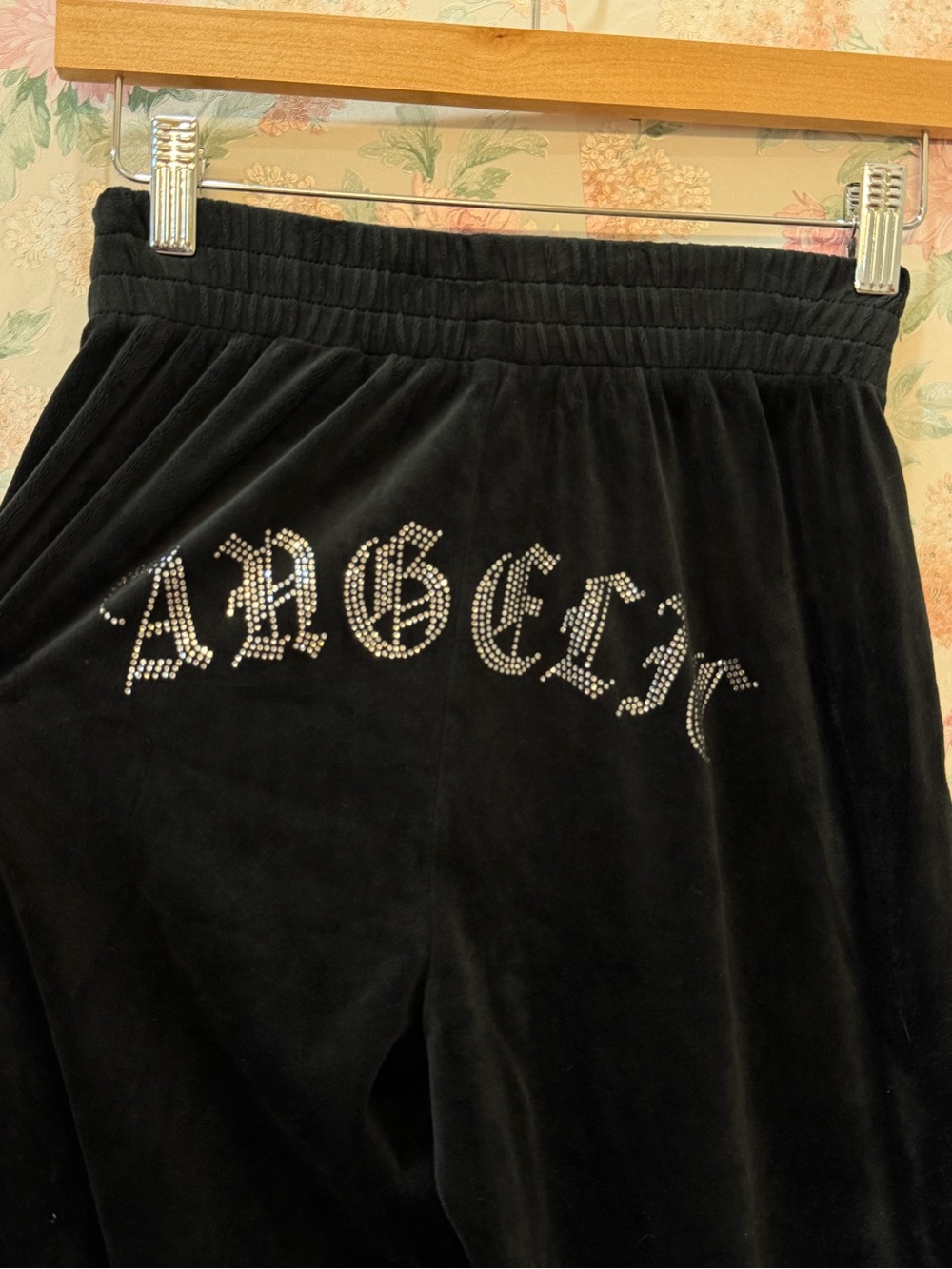 Y2KBlack Velour Pants with Rhinestone 'ANGELIC' Detail